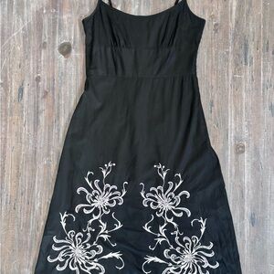 LOFT Black Lined Sun Dress with White Embroidered Floral Design